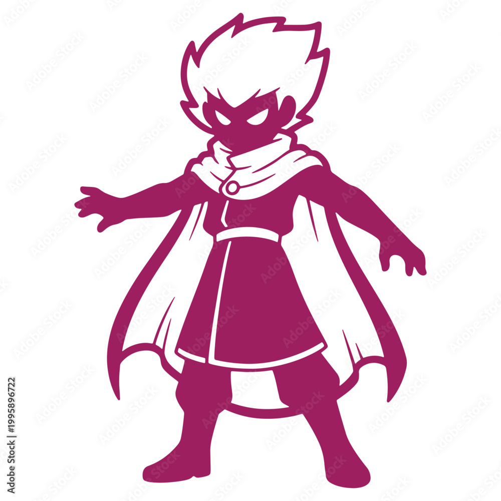 Fototapeta premium Illustration of a purple cartoon character with spiky hair and a cape isolated on a transparent background