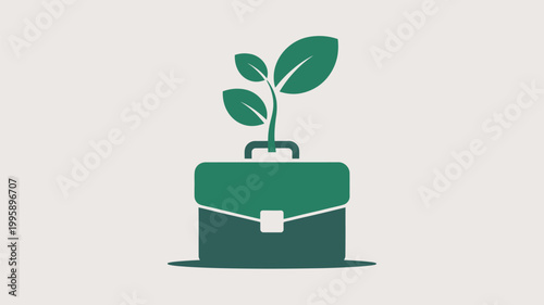 A green briefcase with a small plant growing out of it, symbolizing business growth and sustainability.
