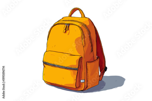 Bright orange backpack with front pocket and zippers on white background