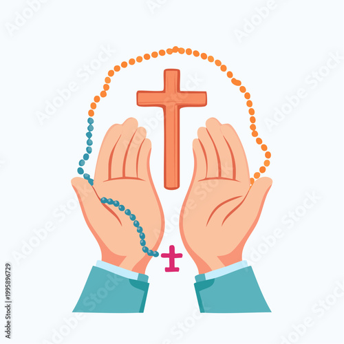 Hands holding rosary beads around a Christian cross