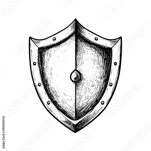 Medieval shield illustration with rivets and central boss on white background