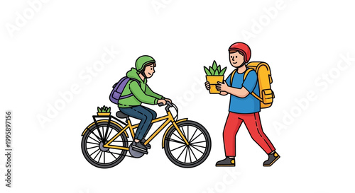 Delivery Person on Bicycle Receiving Plant from Another Delivery Person.