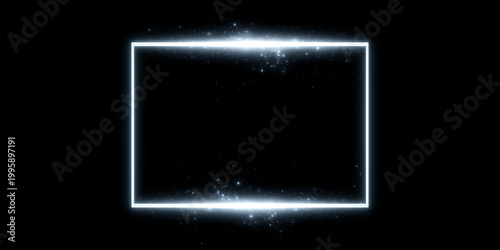 Abstract Glowing Neon Rectangular Frame with Sparkling Particles on Black Background