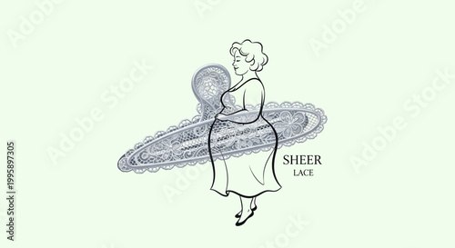 Elegant Woman Holding a Sheer Lace Sewing Tool Illustration.