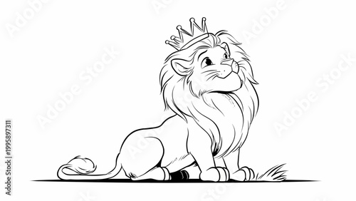 Lion with a regal crown sits gracefully and gazes upward in a clean black and white line art illustration.