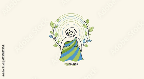 Elegant woman illustration with floral wreath and radiating lines.