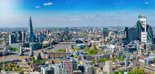 Photography Panoramic aerial view of the skyline of London, England, spanning from London Br