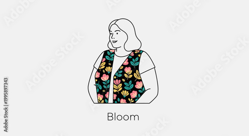 Elegant woman in floral vest, looking to the side, smiling with joy.