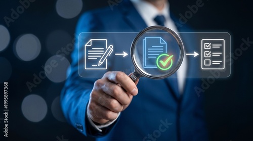Businessman examines document icons with magnifying glass in dark background