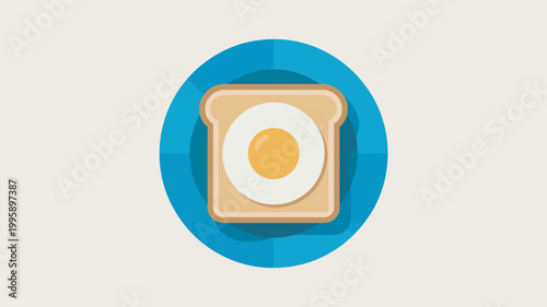 A simple illustration of toast with a fried egg on top in a blue circle