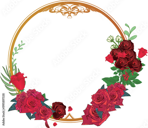 綺麗な薔薇の花円形フローラルフレーム装飾イラスト素材・枠