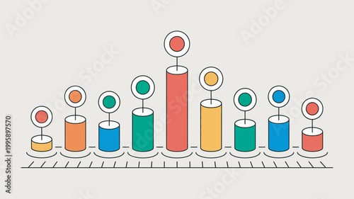 A colorful bar graph with multiple bars of varying heights and corresponding colored circles on top, set against a plain background.