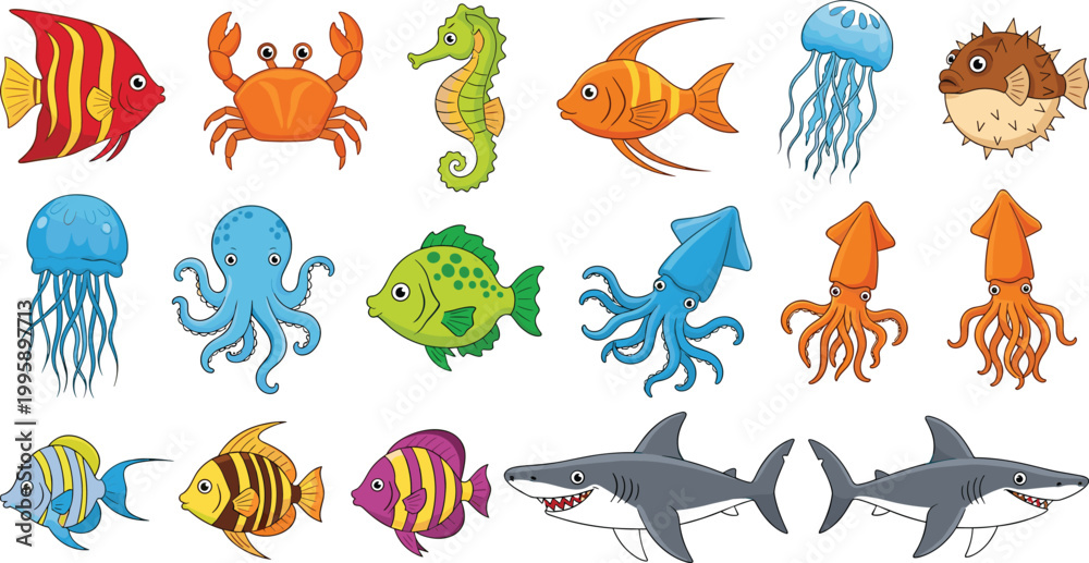 Fototapeta premium Cartoon Sea Creature Collection Featuring Fish, Sharks, Octopus, Jellyfish, Crab, Seahorse, Squid, and Pufferfish for Underwater, Kids, and Marine Design Projects.