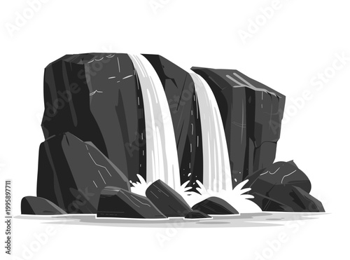 Cascading Waters: A serene monochrome illustration of a waterfall, where water gracefully plunges over rugged rocks into a calm pool. 