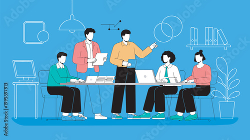 A diverse group of people collaborating and working together in a modern office space with laptops and ideas