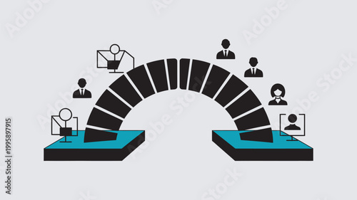 A group of people communicating and collaborating remotely through video conferencing on laptops and computers.