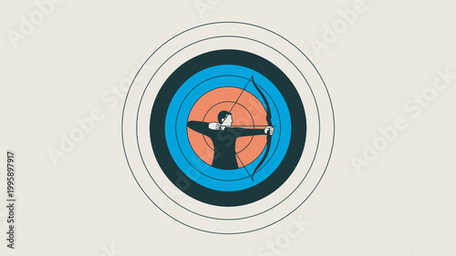 A focused archer aims at the target with precision and skill in a circular bullseye