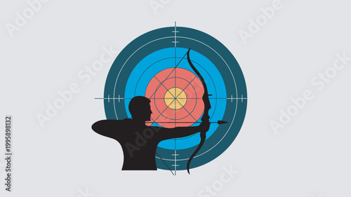A silhouette of a person aiming a bow and arrow at a colorful target with concentric circles
