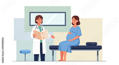Doctor consulting pregnant woman in clinic, healthcare, medical checkup, pregnancy care