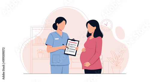 Doctor consulting pregnant woman on prenatal care checklist in clinic