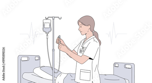 Nurse Adjusting IV Drip by Hospital Bed with Heartbeat Monitor