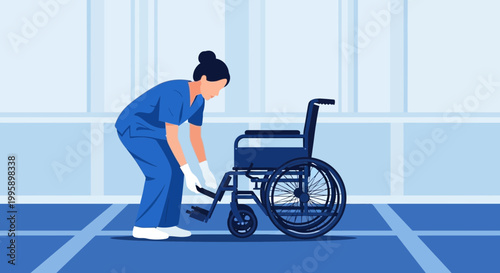 Nurse adjusting wheelchair for patient in hospital hallway, healthcare assistance concept