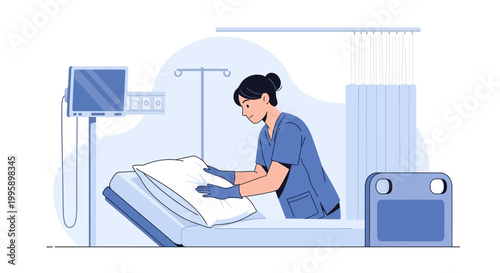 Nurse Adjusting Pillow on Hospital Bed, Medical Care Concept