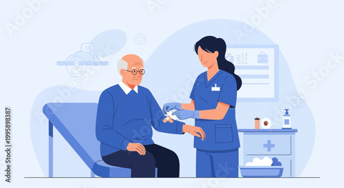 Nurse administering injection to elderly man in clinic, healthcare concept
