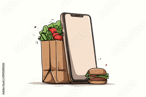 Smartphone with grocery bag and burger illustrating online food shopping concept