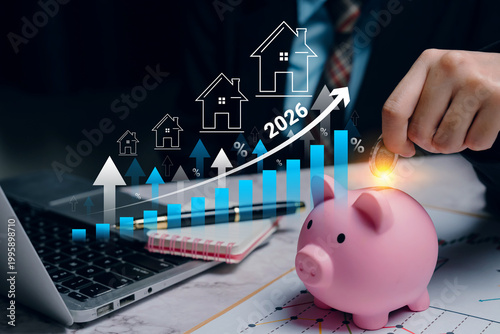real estate investment growth, hand putting coin into piggy bank with rising house chart, property finance and long term wealth building concept
