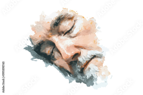 Watercolor portrait of a mature caucasian male resting with peaceful expression