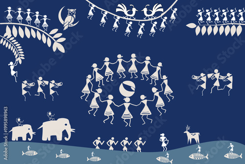 Seamless Warli tribal pattern with village huts, dancing figures, musicians, and elephants in white silhouettes on blue background, perfect for textile, print, and decorative design.