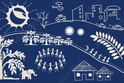 Seamless Warli tribal pattern with village huts, dancing figures, musicians, and elephants in white silhouettes on blue background, perfect for textile, print, and decorative design.