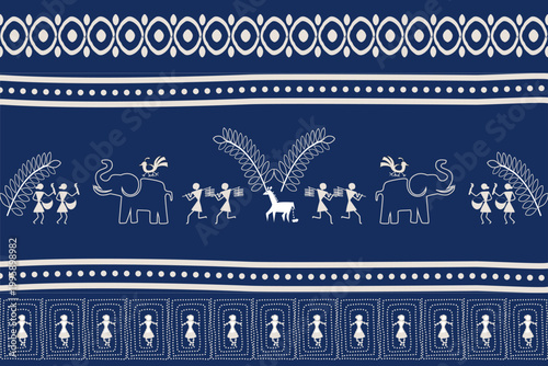 Seamless Warli tribal pattern with village huts, dancing figures, musicians, and elephants in white silhouettes on blue background, perfect for textile, print, and decorative design.
