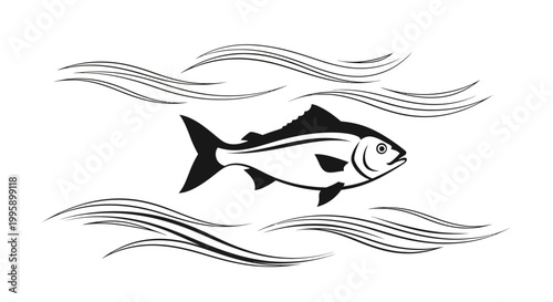 Stylized Fish Swimming in Water Waves Line Art Illustration