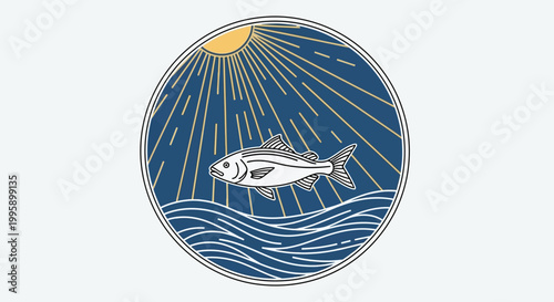 Stylized Fish Swimming Under Sun Rays in Circle Logo
