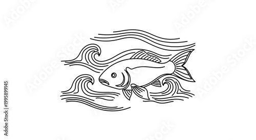 Stylized Fish Swimming in Waves, Line Art Illustration