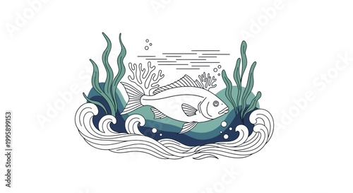 Stylized Fish Swimming Underwater with Seaweed and Waves