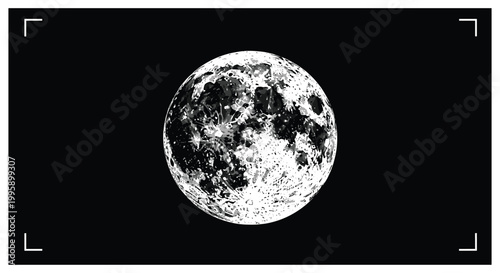 High contrast black and white image of the full moon with detailed craters and lunar geography in a dark frame.