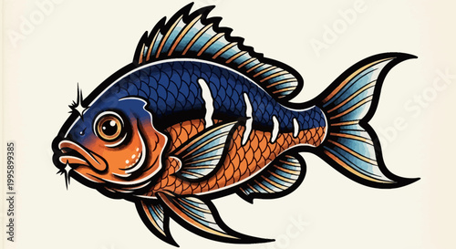 Traditional Tattoo Style Fish Illustration - Blue and Orange
