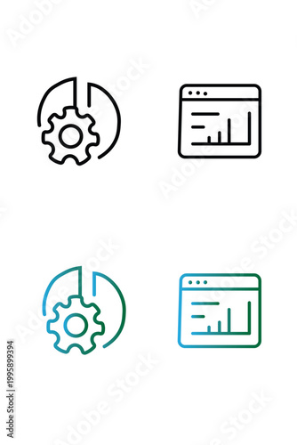 This image presents four minimalist line-art icons related to data processing, system settings, and web analytics.