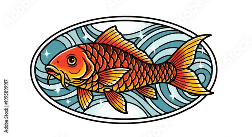 Vibrant Koi Fish Illustration in Oval Frame with Water Waves
