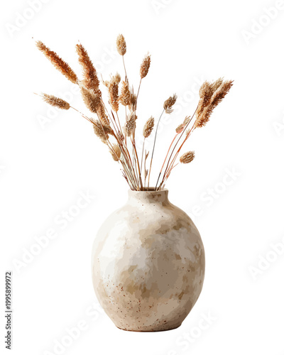 Rustic ceramic vase with dried grasses on white background