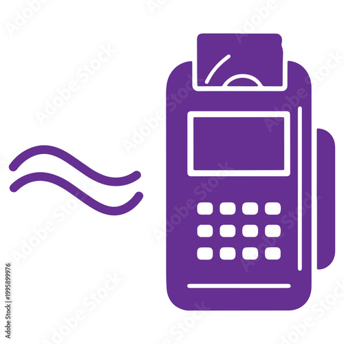 Purple payment terminal icon with card swiping motion isolated on transparent background
