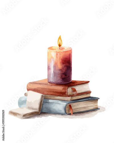 Vintage books and candle illustration with warm ambiance