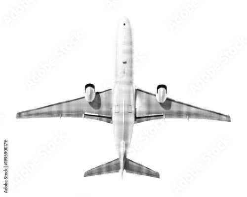 Airplane, halftone illustration, front view, stylized with dotted texture, black and white graphic design, isolated on black background, minimalist retro style, comic style.