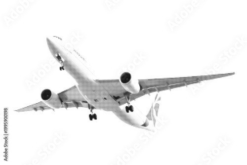 Airplane, halftone illustration, front view, stylized with dotted texture, black and white graphic design, isolated on black background, minimalist retro style, comic style.