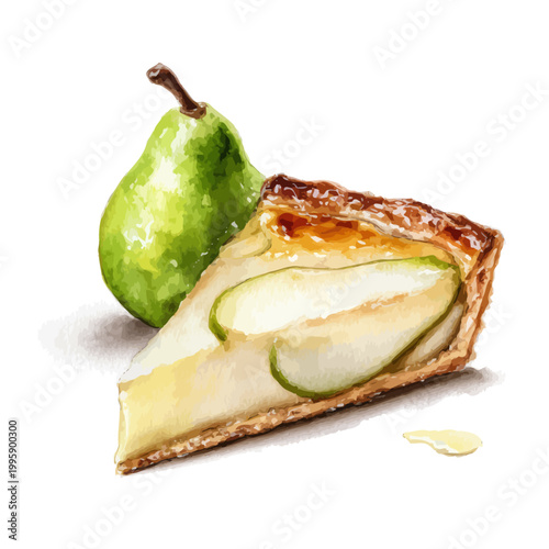 Pear tart with fresh fruit: watercolor painting of dessert slice