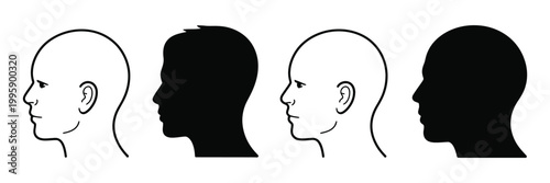 Human head silhouette vector set in outline and solid styles, featuring woman and man side view avatars for profile and user icon design