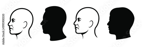 Human head silhouette vector set in outline and solid styles, featuring woman and man side view avatars for profile and user icon design